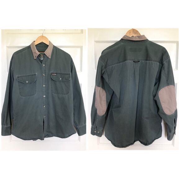 Vintage 90s Remington Outdoor TwoTone Shooting Shirt M Olive Twill Elbow Patches - Picture 1 of 10